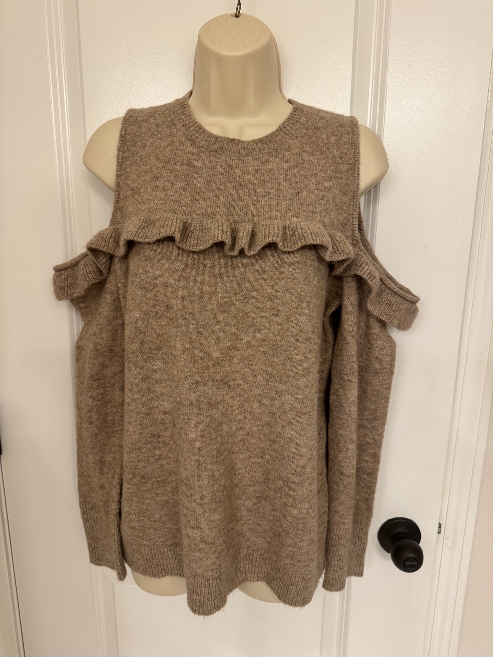 LOFT Cold-Shoulder Ruffle Sweater in Taupe